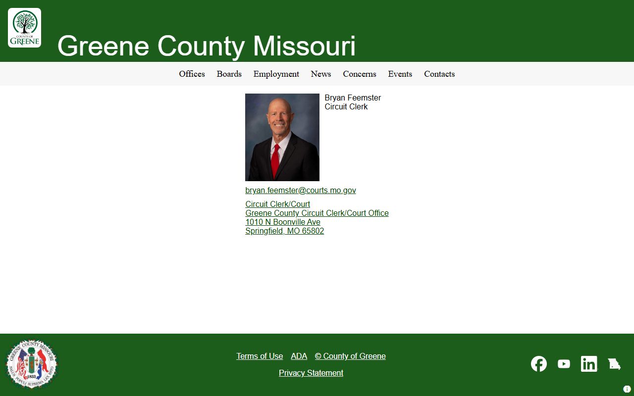 Greene County Circuit Clerk Bryan Feemster bio and contact page