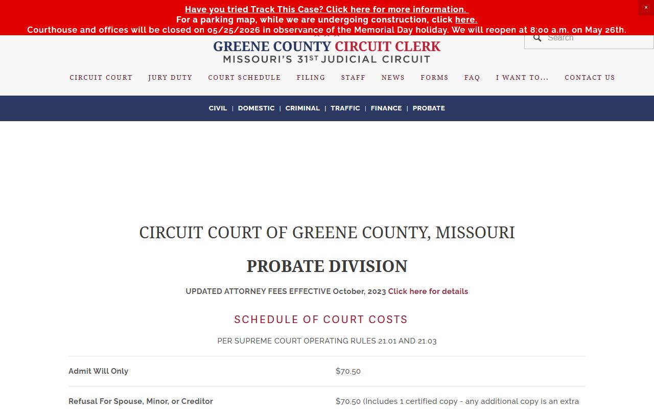Greene County probate fee schedule from the Circuit Clerk