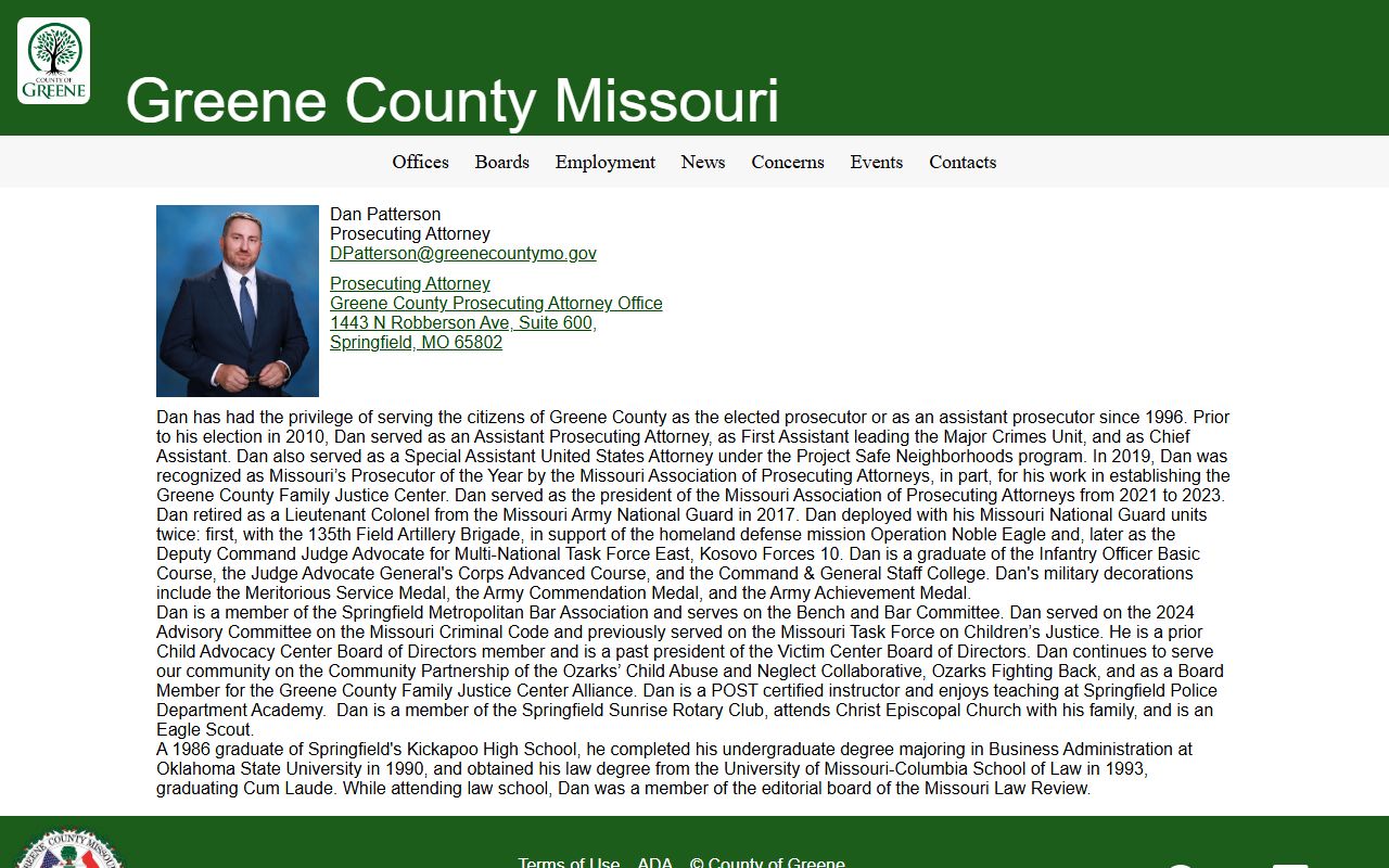 Greene County Prosecuting Attorney Dan Patterson bio and contact page