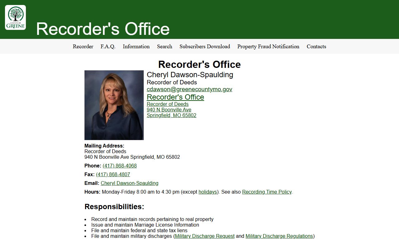 Greene County Recorder of Deeds page with marriage license and land record details