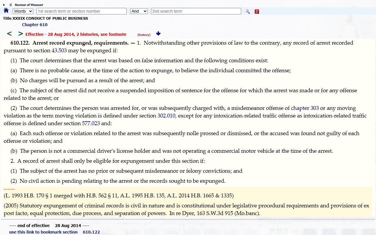 Missouri RSMo 610.122 arrest-record expungement statute on Revisor.mo.gov for Greene County court dockets