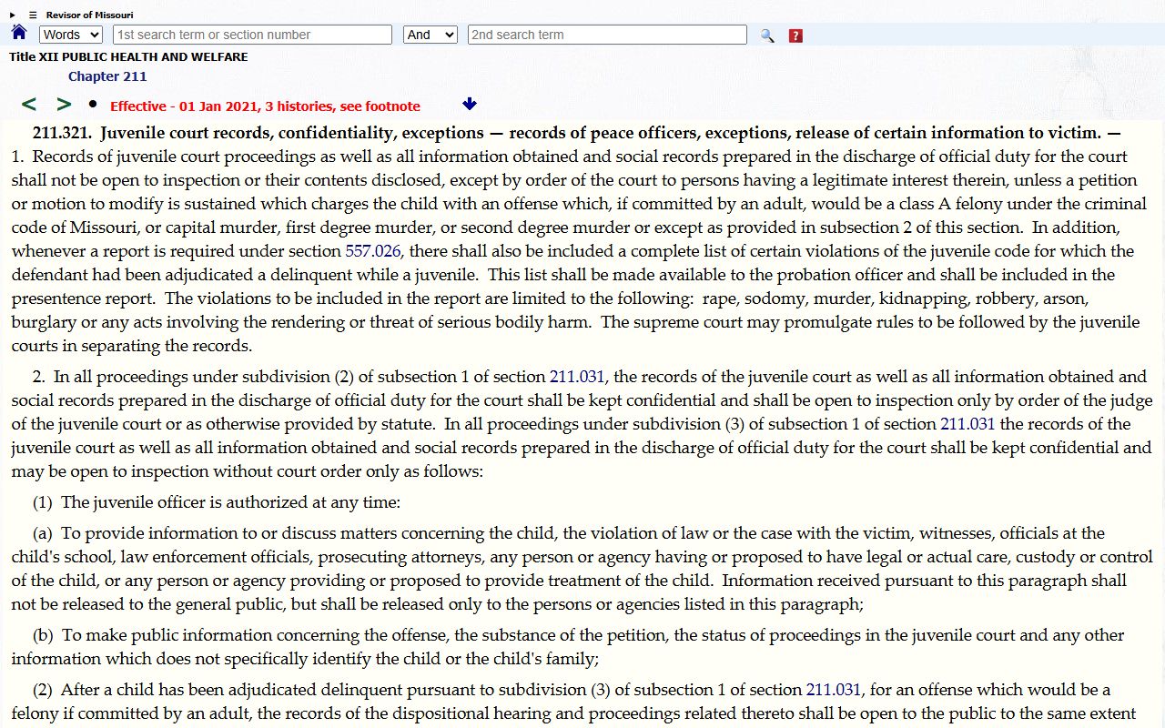 Missouri RSMo 211.321 juvenile court records confidentiality statute