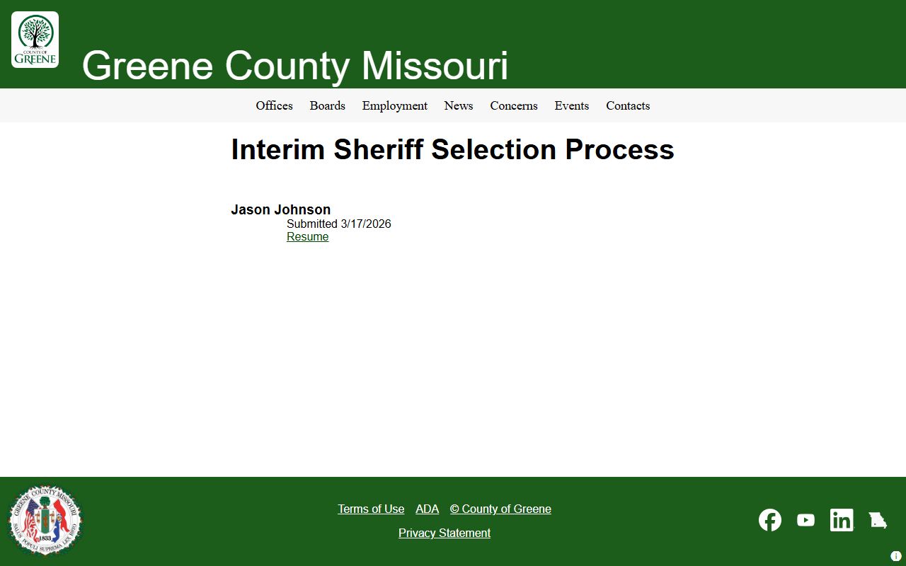 Greene County interim sheriff selection page naming Jason Johnson for the Greene County arrest records oversight role