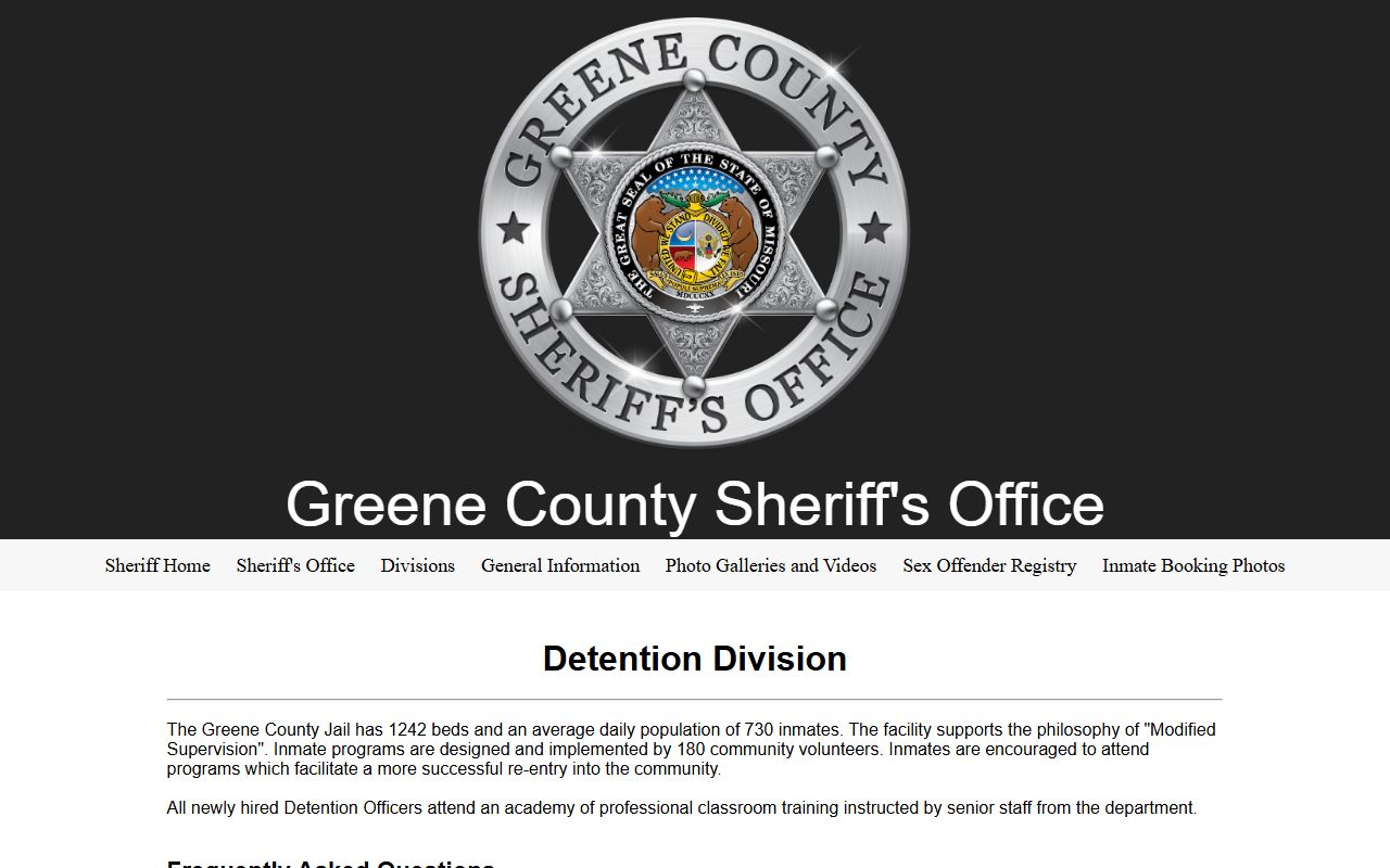 Greene County Sheriff Detention Division page with jail capacity and ADP for arrest records lookup