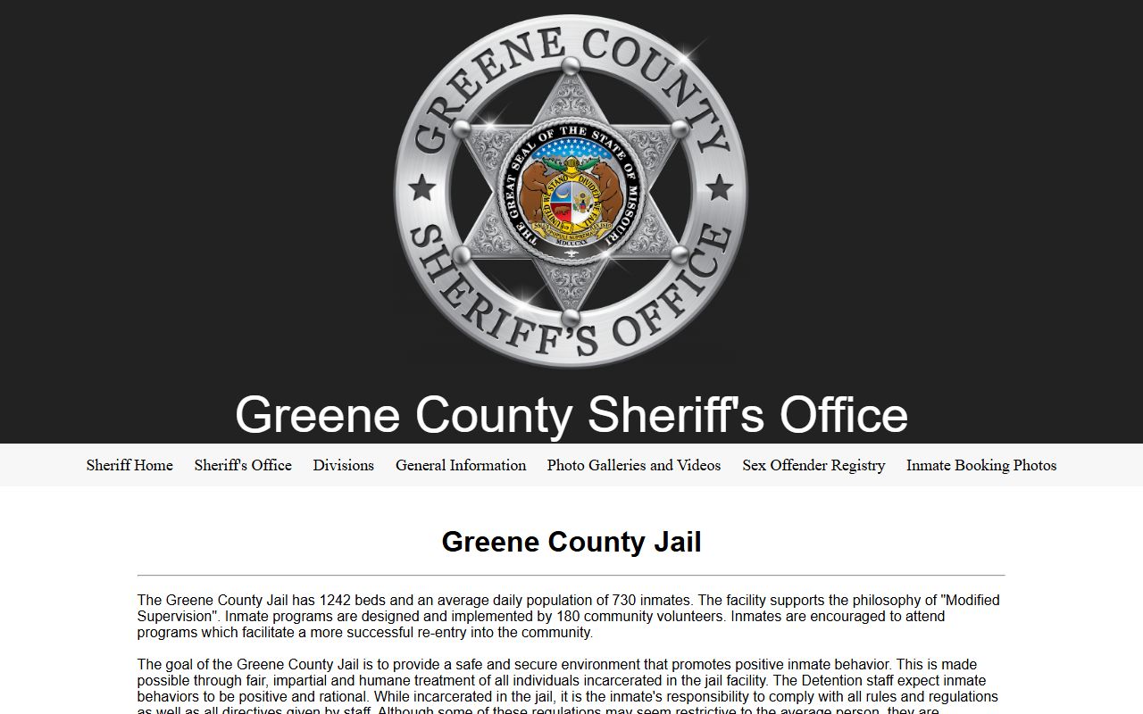 Greene County Jail overview page describing Modified Supervision and arrest record intake