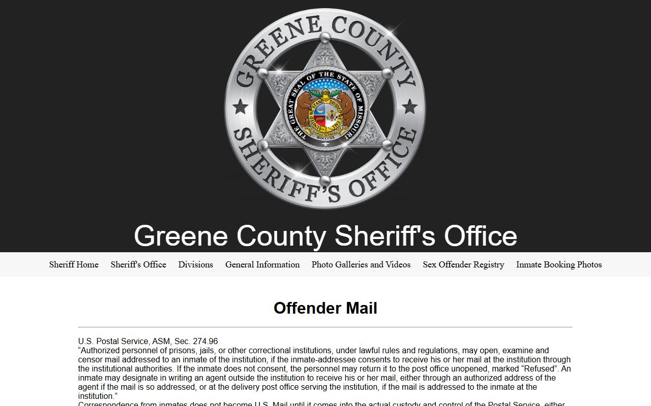 Greene County Jail Offender Mail page used for contacting people listed in Greene County arrest records