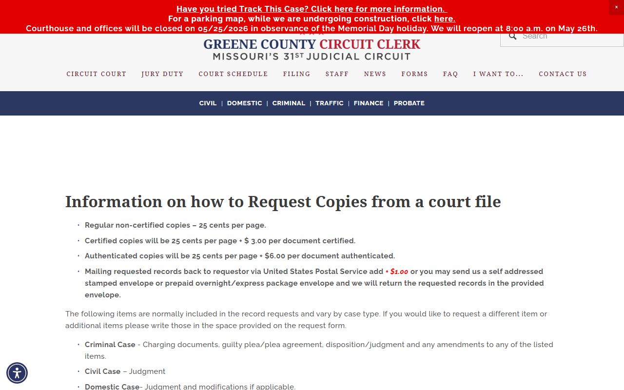Greene County Circuit Clerk copy-request instructions and fees