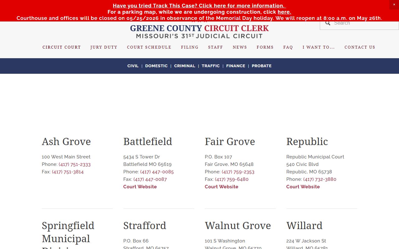 Greene County municipal court contact list for Springfield and area cities