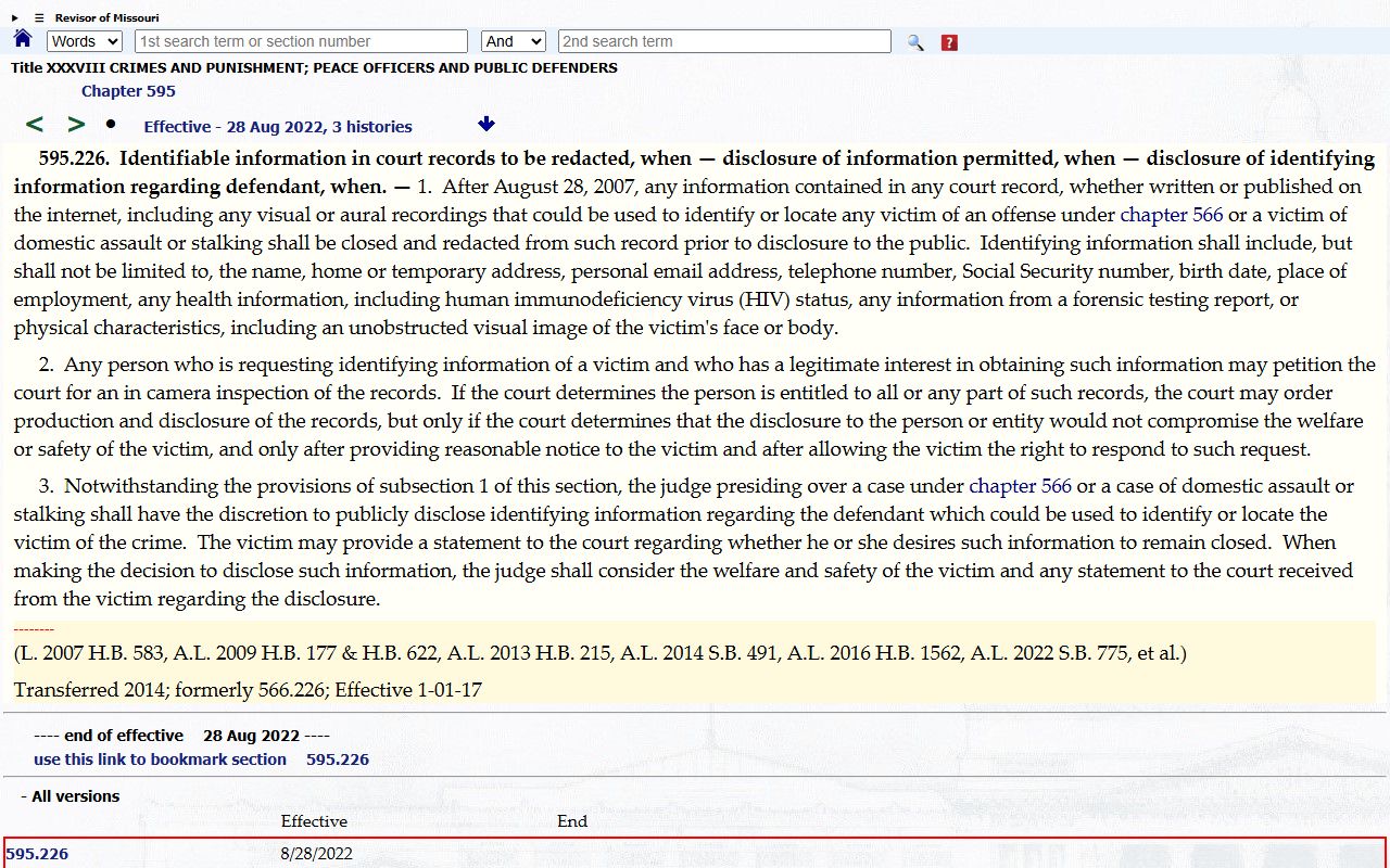 Missouri victim identifying information confidentiality statute for Greene County records