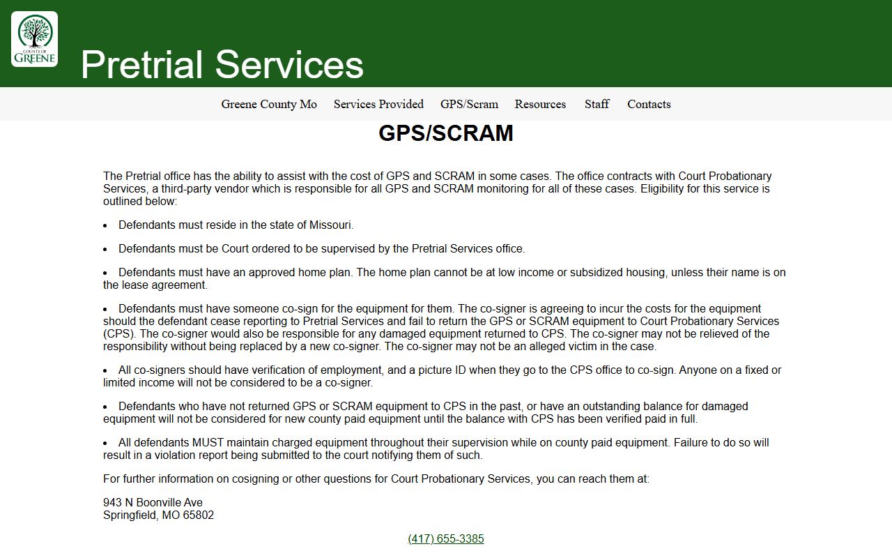 Greene County Pretrial GPS and SCRAM eligibility page