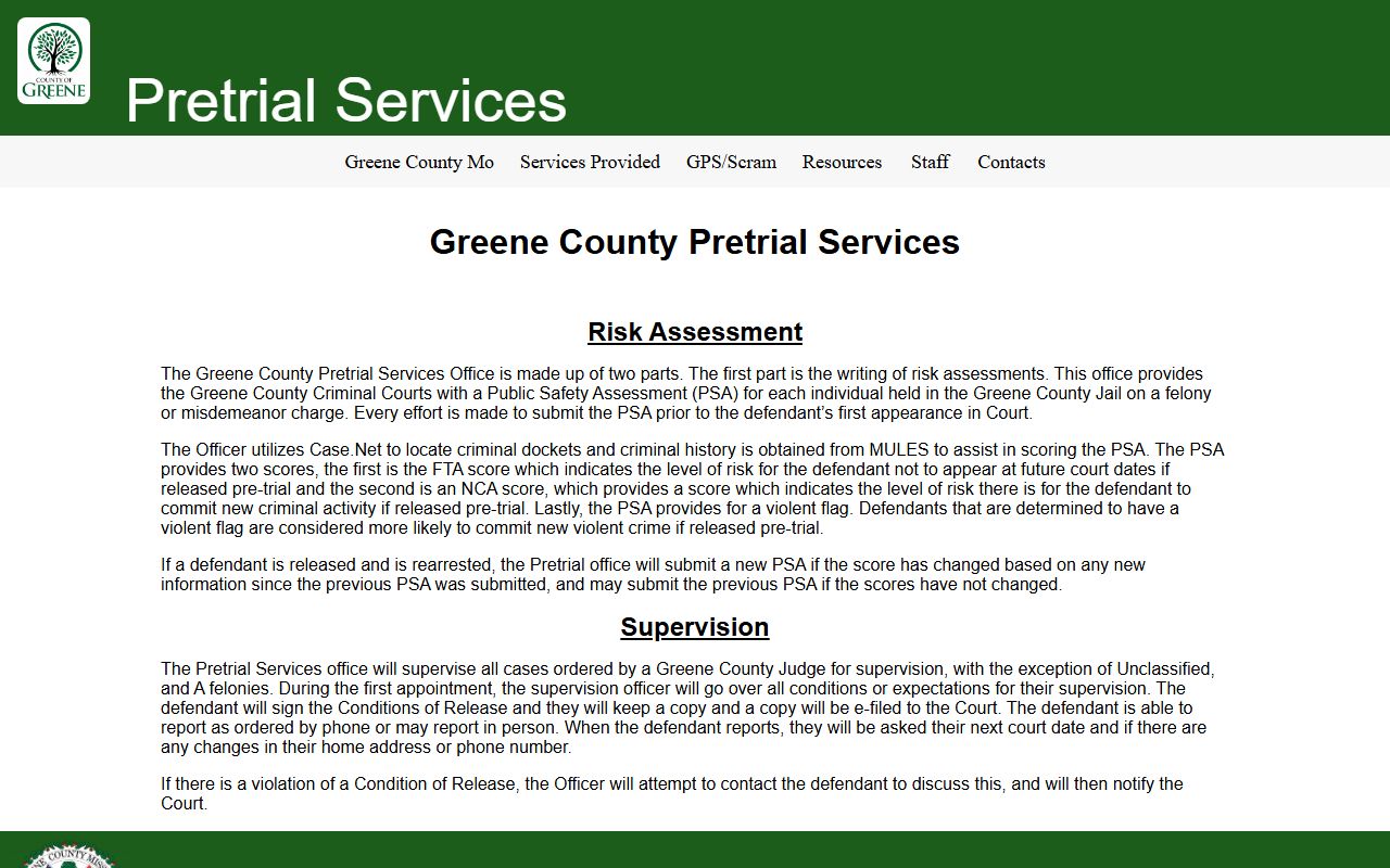 Greene County Pretrial Services risk assessment page for jail population