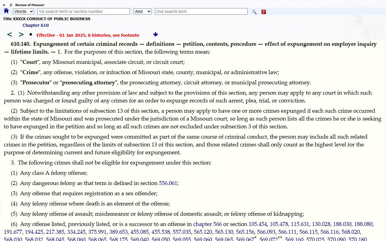 Missouri criminal record expungement statute RSMo 610.140 for Greene County records