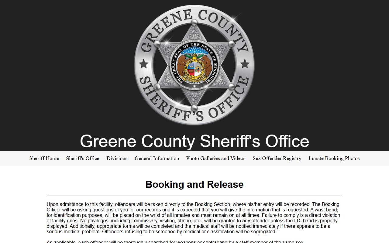 Greene County Jail booking and release process page