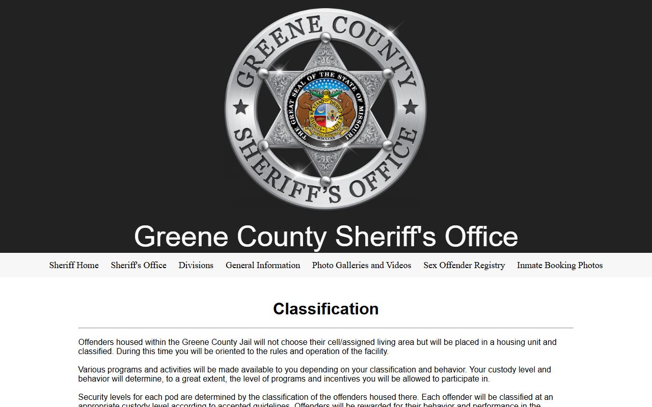 Greene County Jail classification and custody level page