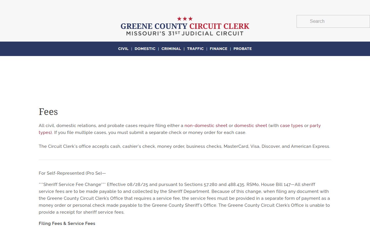 Greene County Circuit Clerk fee page for divorce and family filings