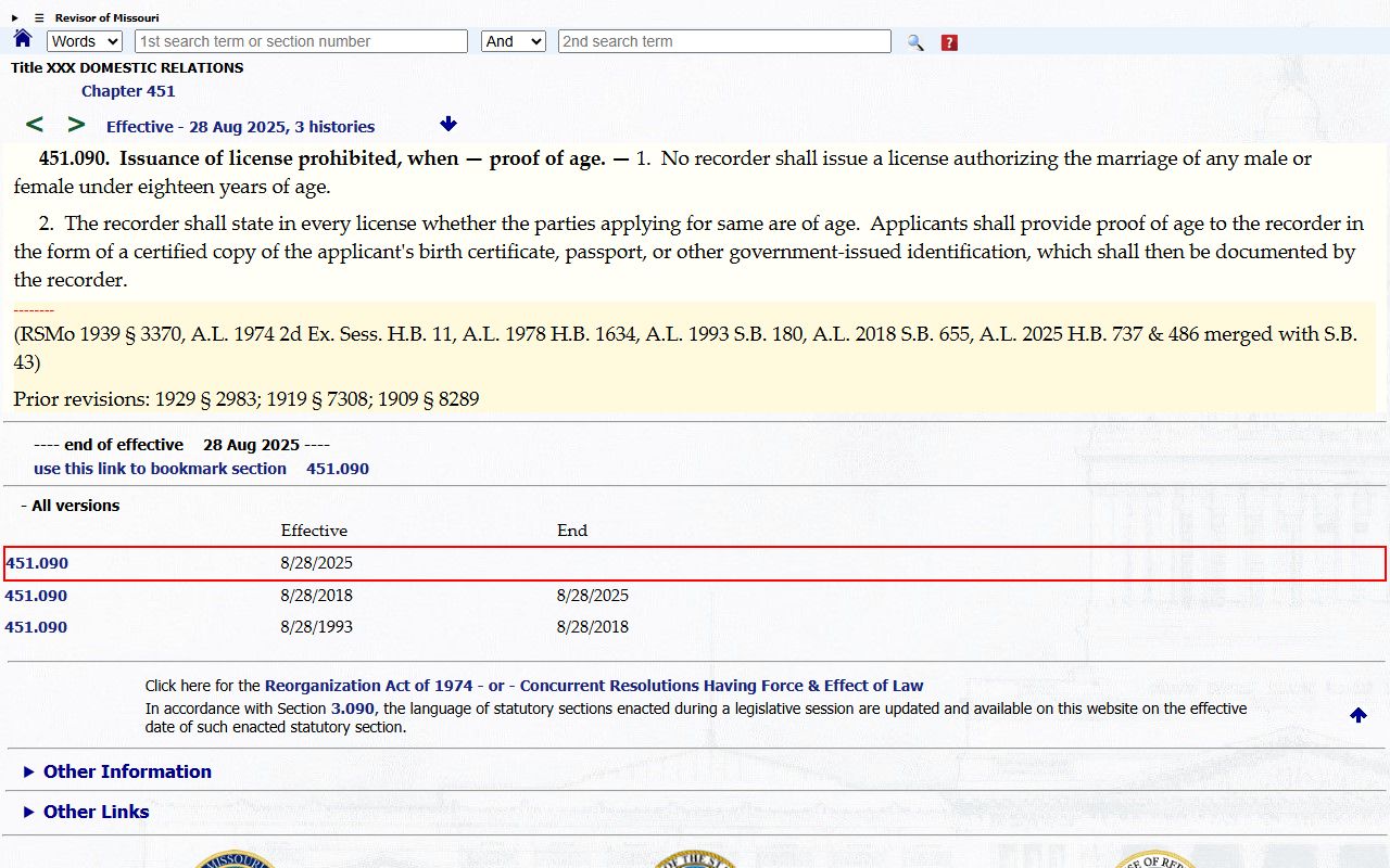 Missouri marriage applicant qualification statute RSMo 451.090