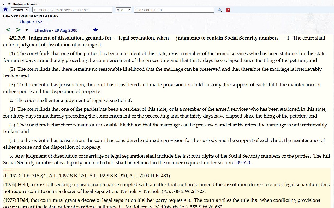 Missouri dissolution of marriage statute RSMo 452.305 for Greene County divorces