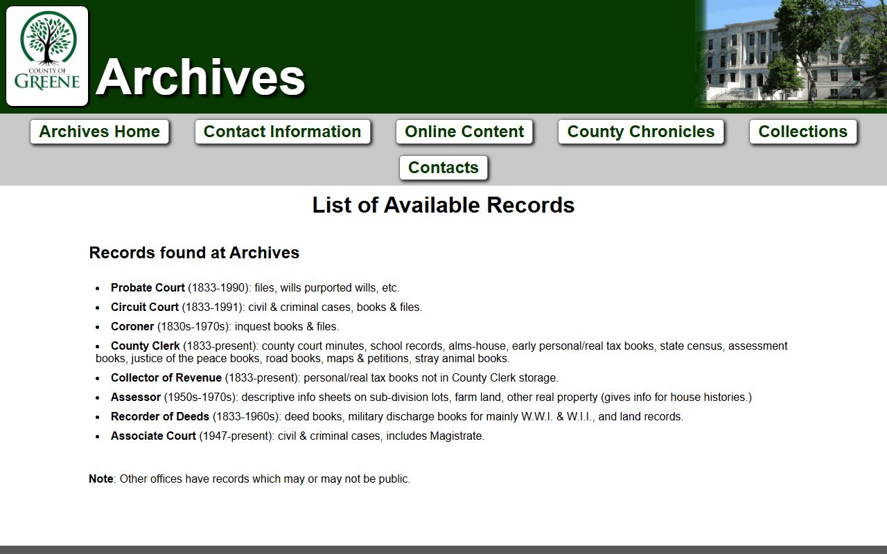 Greene County Archives list including historic probate records 1833-1990
