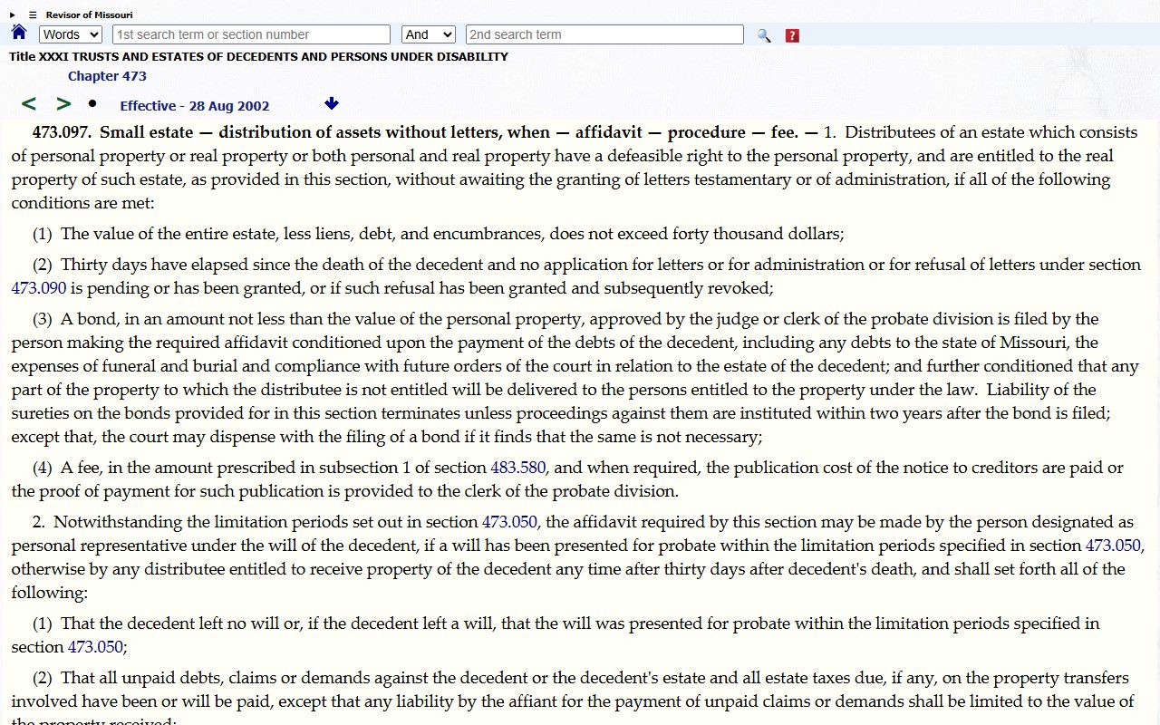 Missouri small estate affidavit statute for Greene County probate filers