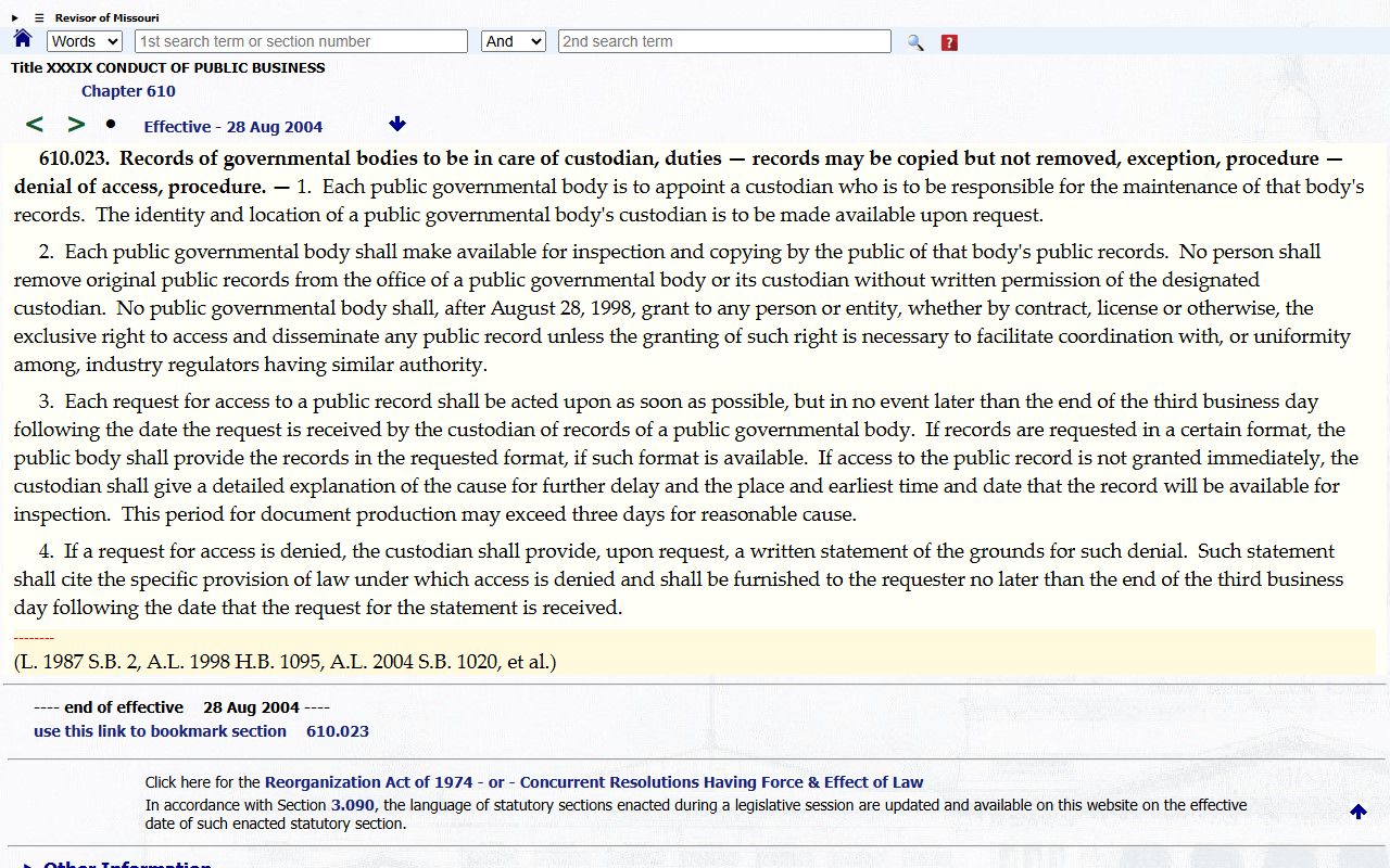 Missouri public record custodian response provisions RSMo 610.023