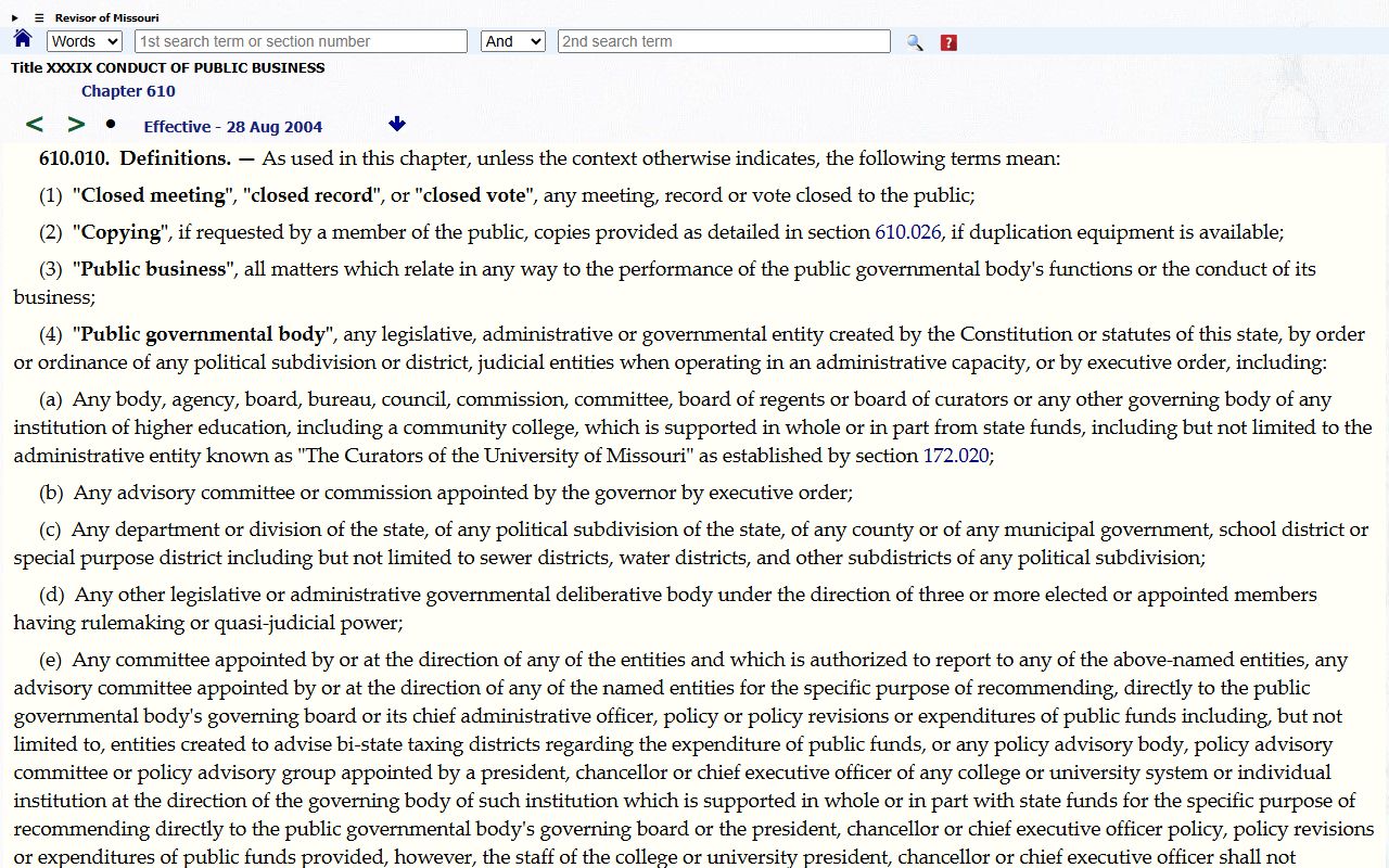 Missouri Sunshine Law definitions statute for Greene County public records