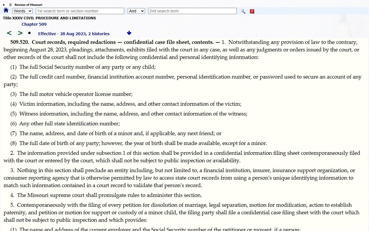 Missouri redaction and privacy statute RSMo 509.520 for Greene County records
