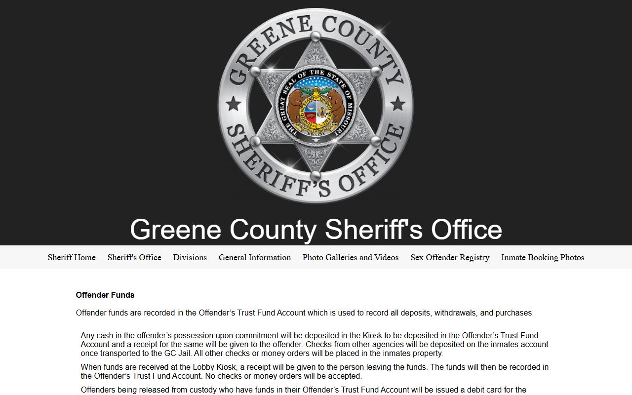 Greene County Jail offender funds and release debit card page