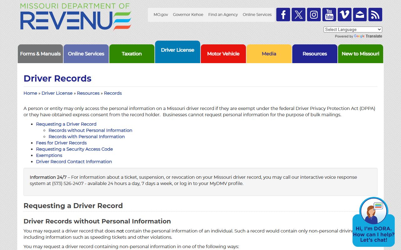 Missouri Department of Revenue driver record page for Greene County drivers
