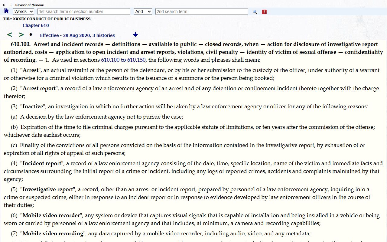 Greene County warrant Missouri RSMo 610.100 statute page